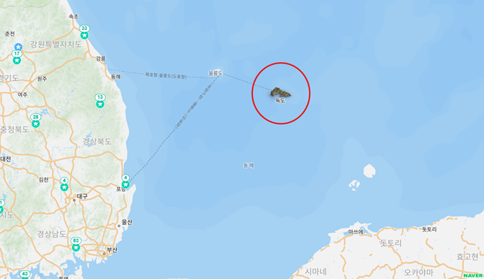   地図上に立体アイコンで巨大表示された独島 ［写真 ネイバー地図］