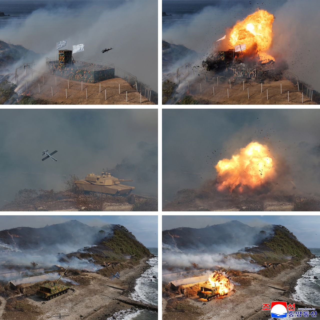 北朝鮮の戦術自爆型無人攻撃機と多目的無人機が韓国軍のGP模型を攻撃する様子。［写真 聯合ニュース］